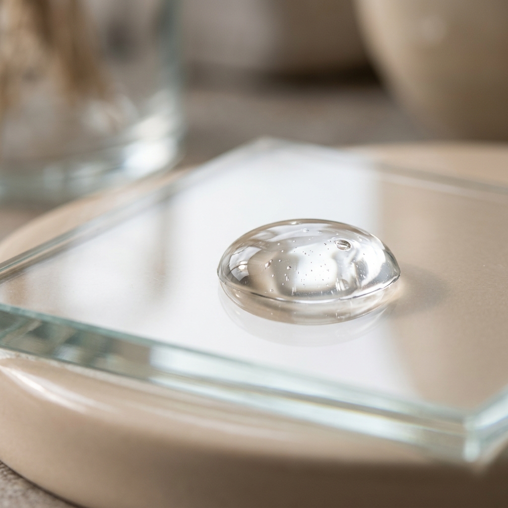 Clear skincare serum drop representing origin and texture